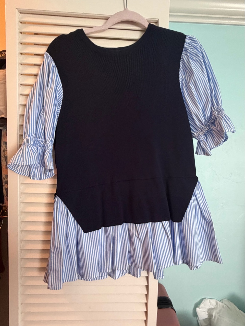 Francesca's Collections Black Knit Panel Top with Blue-White Striped Ruffles